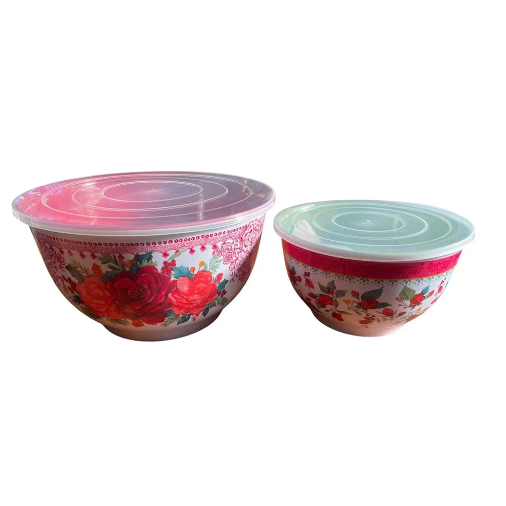 The Pioneer Woman Cheerful Rose Melamine Mixing Bowls Lids Set 10.5 In & 8 In